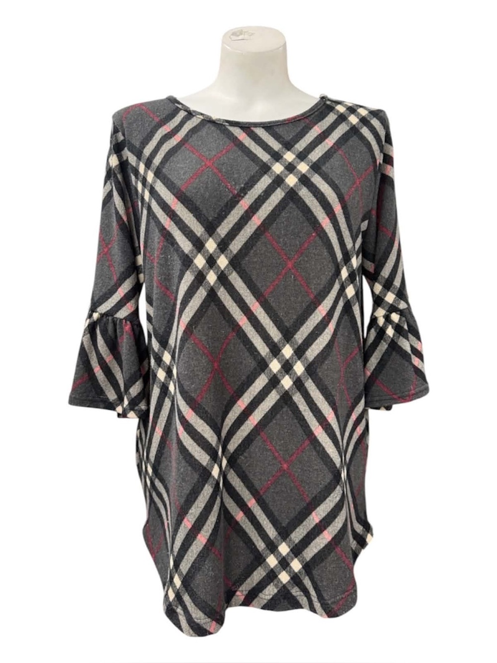 Eclipse Gray Plaid Bell-Sleeve Tunic with Pink Accents Size L